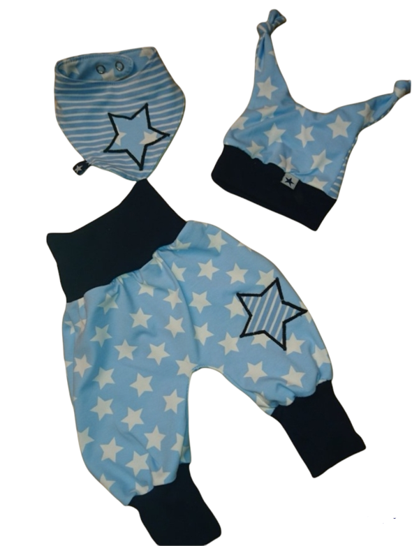 3 tlg.Baby-Set aus Tuch, Mütze und Pumphose in d.Gr. 50/56 - 98/104 Jersey